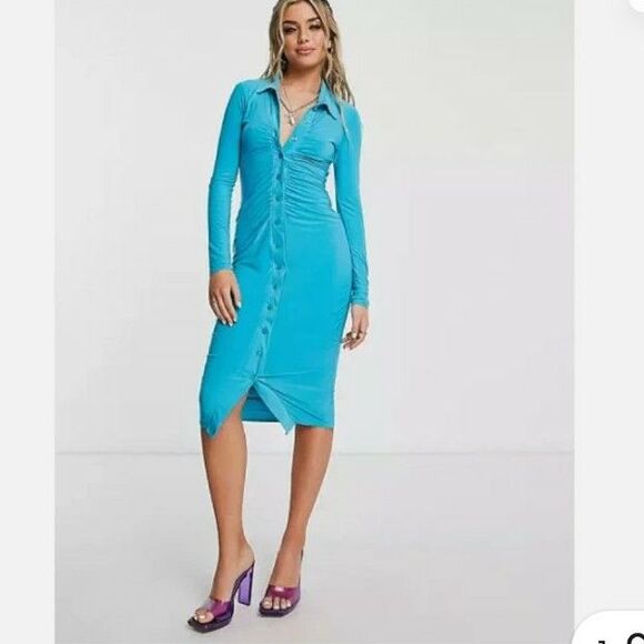 NWT Missy Empire exclusive slinky button-through long sleeve midi dress blue 8 - Picture 1 of 8